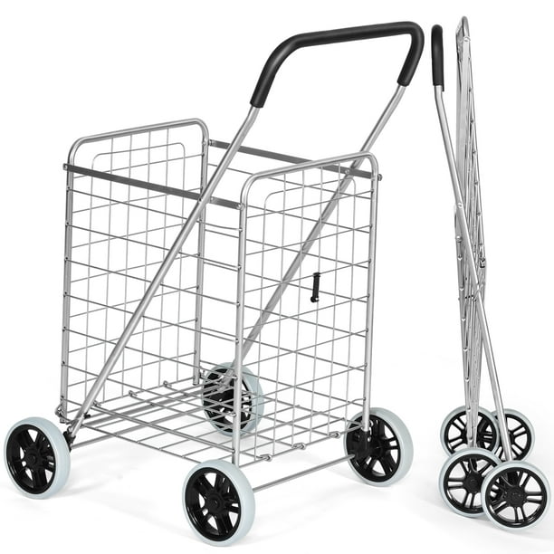 Swivel Double Front Wheels Best Choice Products 24.5x21.5in Portable Folding Multipurpose Steel Storage Utility Cart Dolly for Shopping Groceries Black Laundry w/Bonus Basket